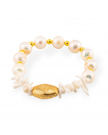 Bracciale Di Perle Di Fiume Barocche Con Corallo Bamboo E Bronzo Bianco-BRACCIALI DI PIETRE E PERLE | Worldofjewel.com