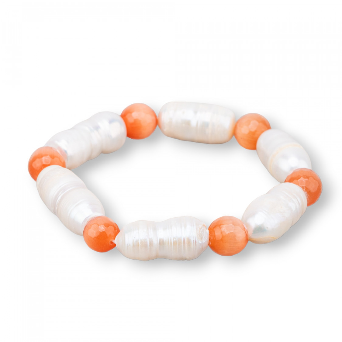 Bracciale Elastico Di Occhio Di Gatto 8mm Con Perle Di Fiume Pesca-BRACCIALI DI PIETRE E PERLE | Worldofjewel.com