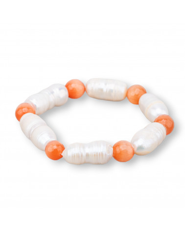 Bracciale Elastico Di Occhio Di Gatto 8mm Con Perle Di Fiume Pesca-BRACCIALI DI PIETRE E PERLE | Worldofjewel.com
