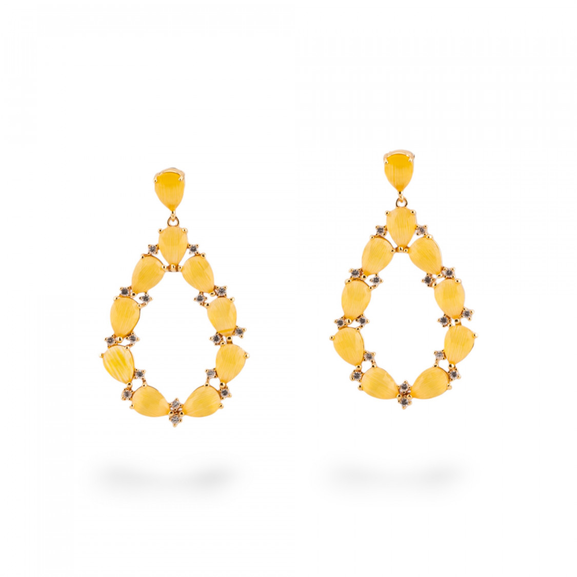 Orecchini Di Bronzo A Perno Con Occhio Di Gatto Incastonato Goccia Con Zirconi 25,5x44mm Dorato Giallo-ORECCHINI MADE WITH STYLE | Worldofjewel.com