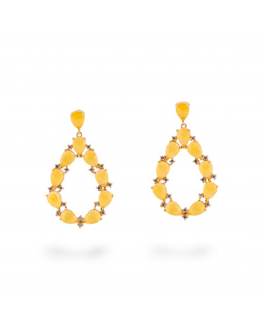 Orecchini Di Bronzo A Perno Con Occhio Di Gatto Incastonato Goccia Con Zirconi 25,5x44mm Dorato Giallo-ORECCHINI MADE WITH STYLE | Worldofjewel.com