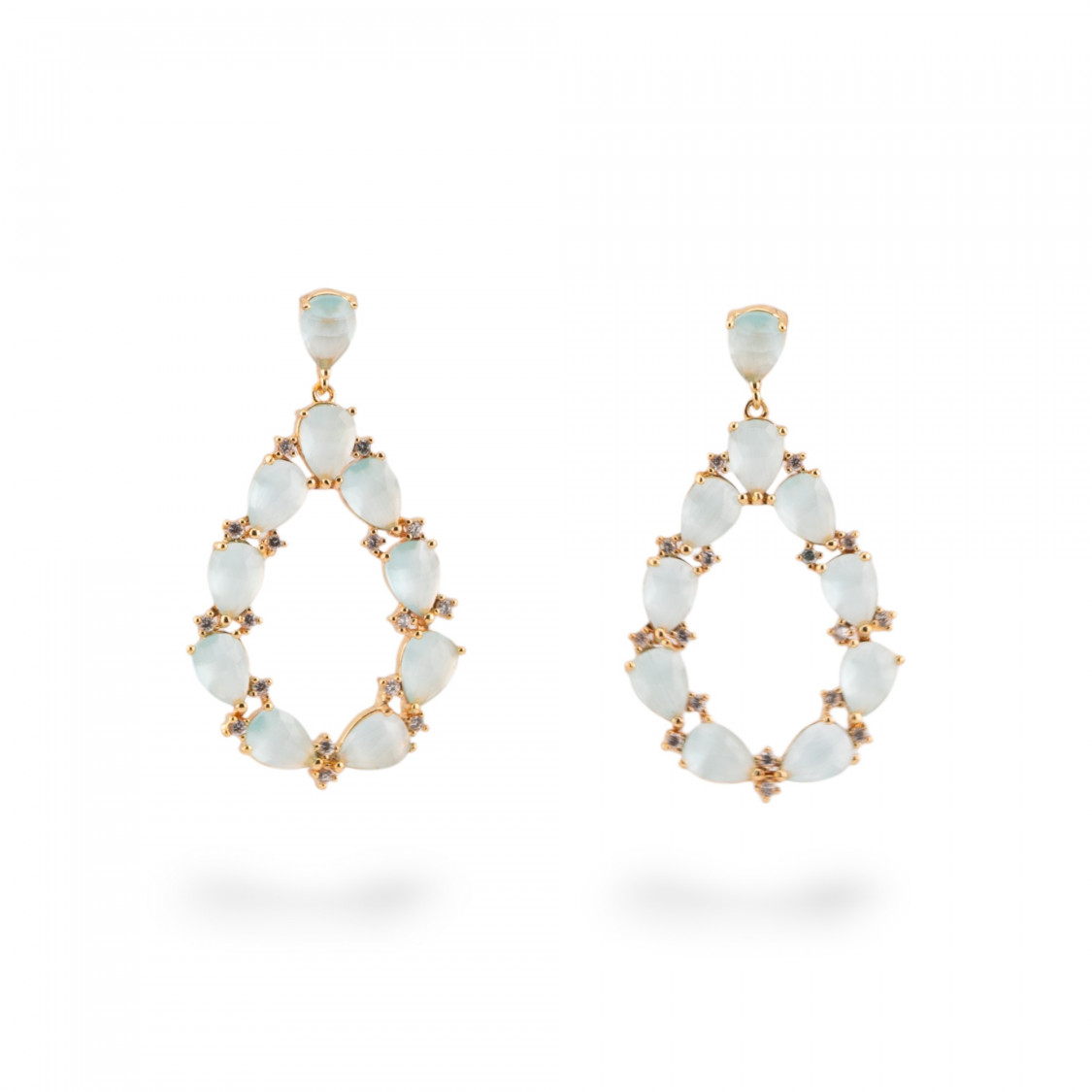 Orecchini Di Bronzo A Perno Con Occhio Di Gatto Incastonato Goccia Con Zirconi 25,5x44mm Dorato Grigio-ORECCHINI MADE WITH STYLE | Worldofjewel.com