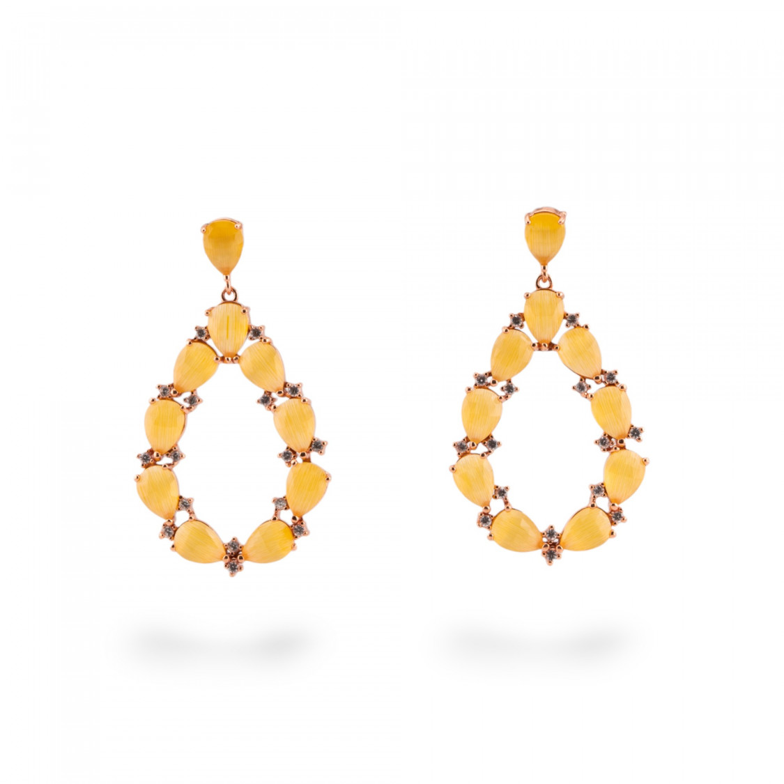 Orecchini Di Bronzo A Perno Con Occhio Di Gatto Incastonato Goccia Con Zirconi 25,5x44mm Oro Rosa Giallo-ORECCHINI MADE WITH STYLE | Worldofjewel.com