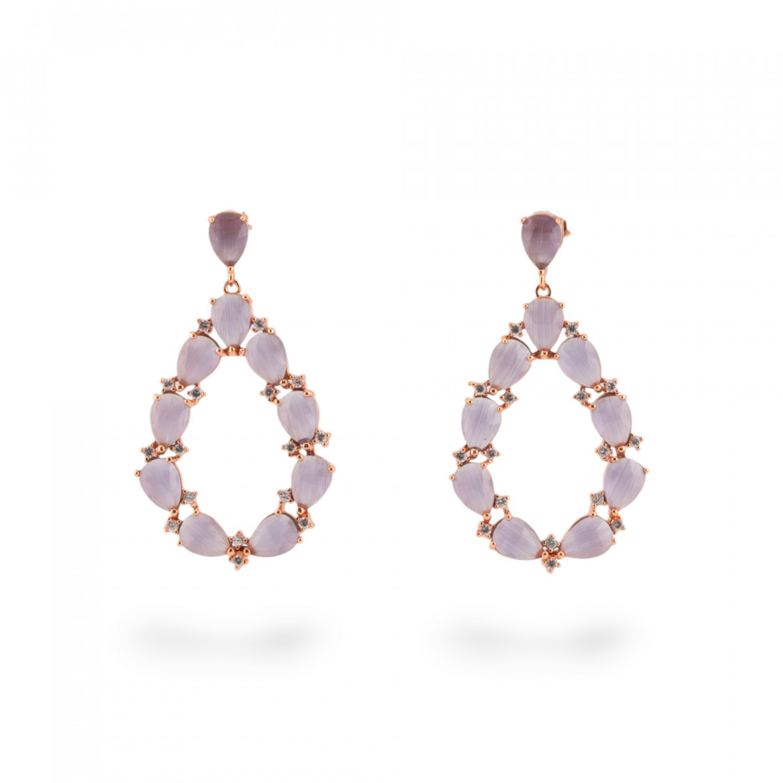 Orecchini Di Bronzo A Perno Con Occhio Di Gatto Incastonato Goccia Con Zirconi 25,5x44mm Oro Rosa Viola-ORECCHINI MADE WITH STYLE | Worldofjewel.com