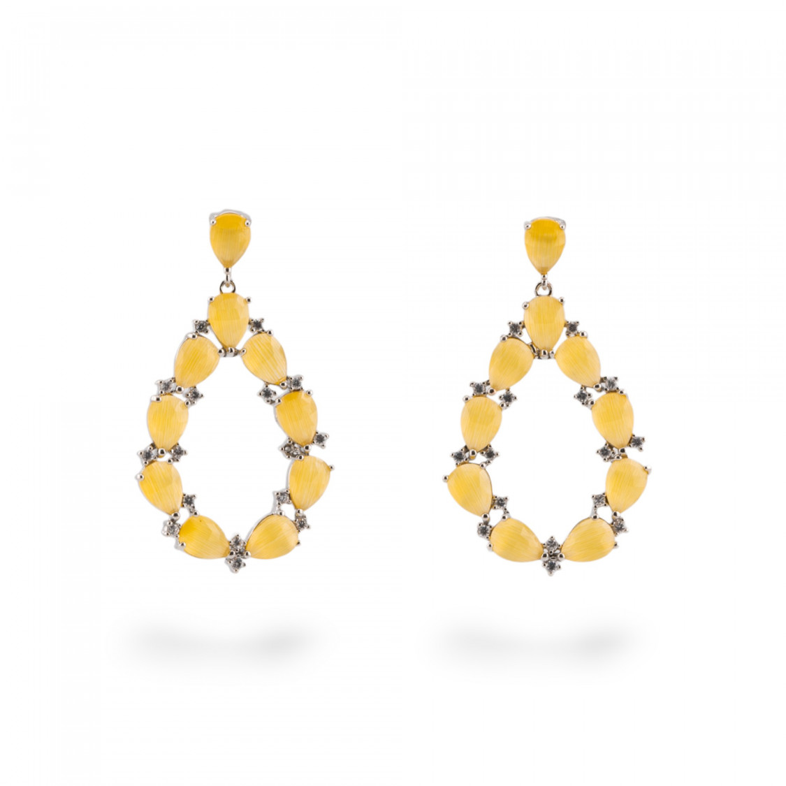 Orecchini Di Bronzo A Perno Con Occhio Di Gatto Incastonato Goccia Con Zirconi 25,5x44mm Rodiato Giallo-ORECCHINI MADE WITH STYLE | Worldofjewel.com