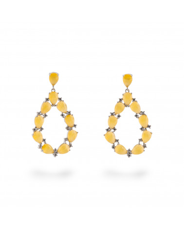 Orecchini Di Bronzo A Perno Con Occhio Di Gatto Incastonato Goccia Con Zirconi 25,5x44mm Rodiato Giallo-ORECCHINI MADE WITH STYLE | Worldofjewel.com