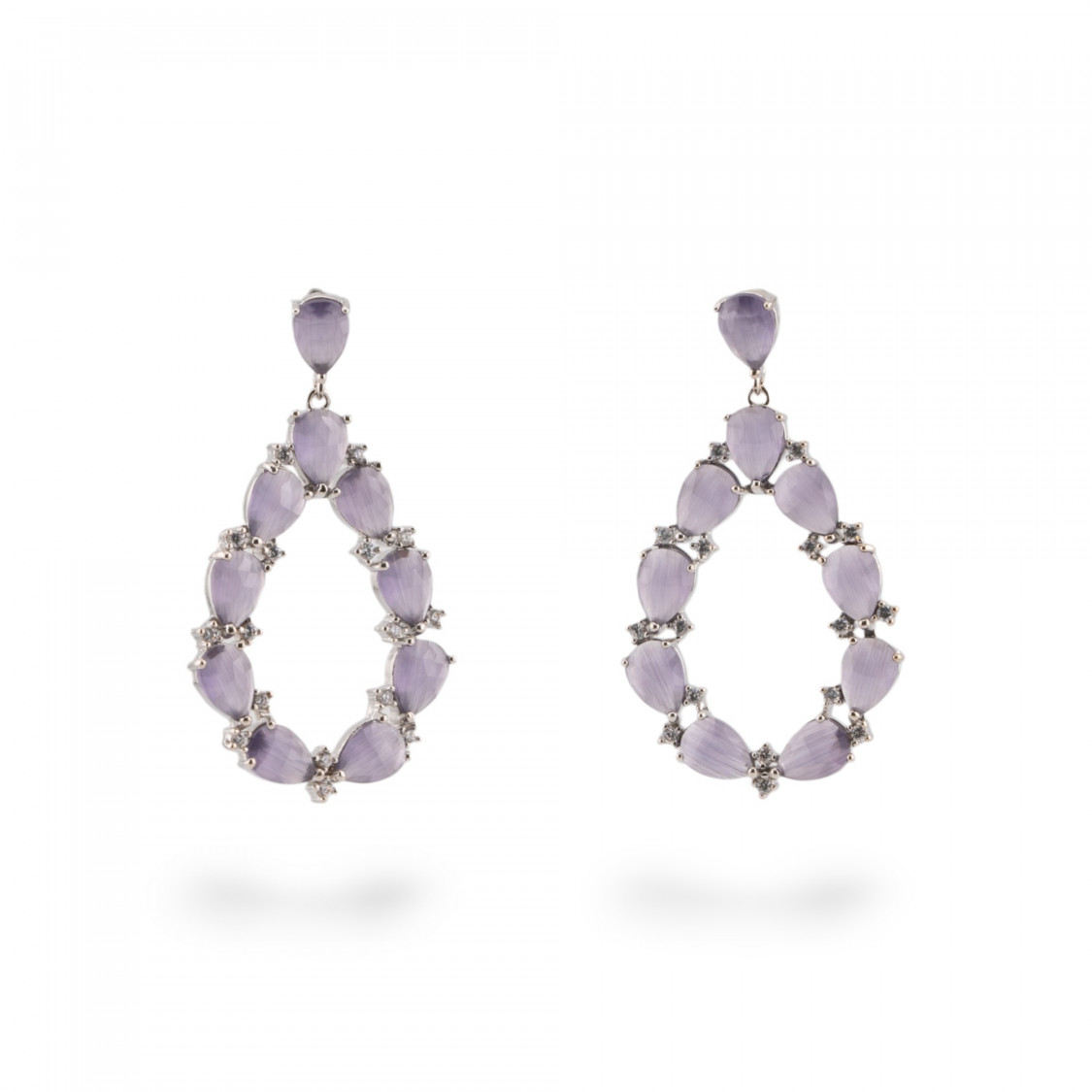 Orecchini Di Bronzo A Perno Con Occhio Di Gatto Incastonato Goccia Con Zirconi 25,5x44mm Rodiato Viola-ORECCHINI MADE WITH STYLE | Worldofjewel.com