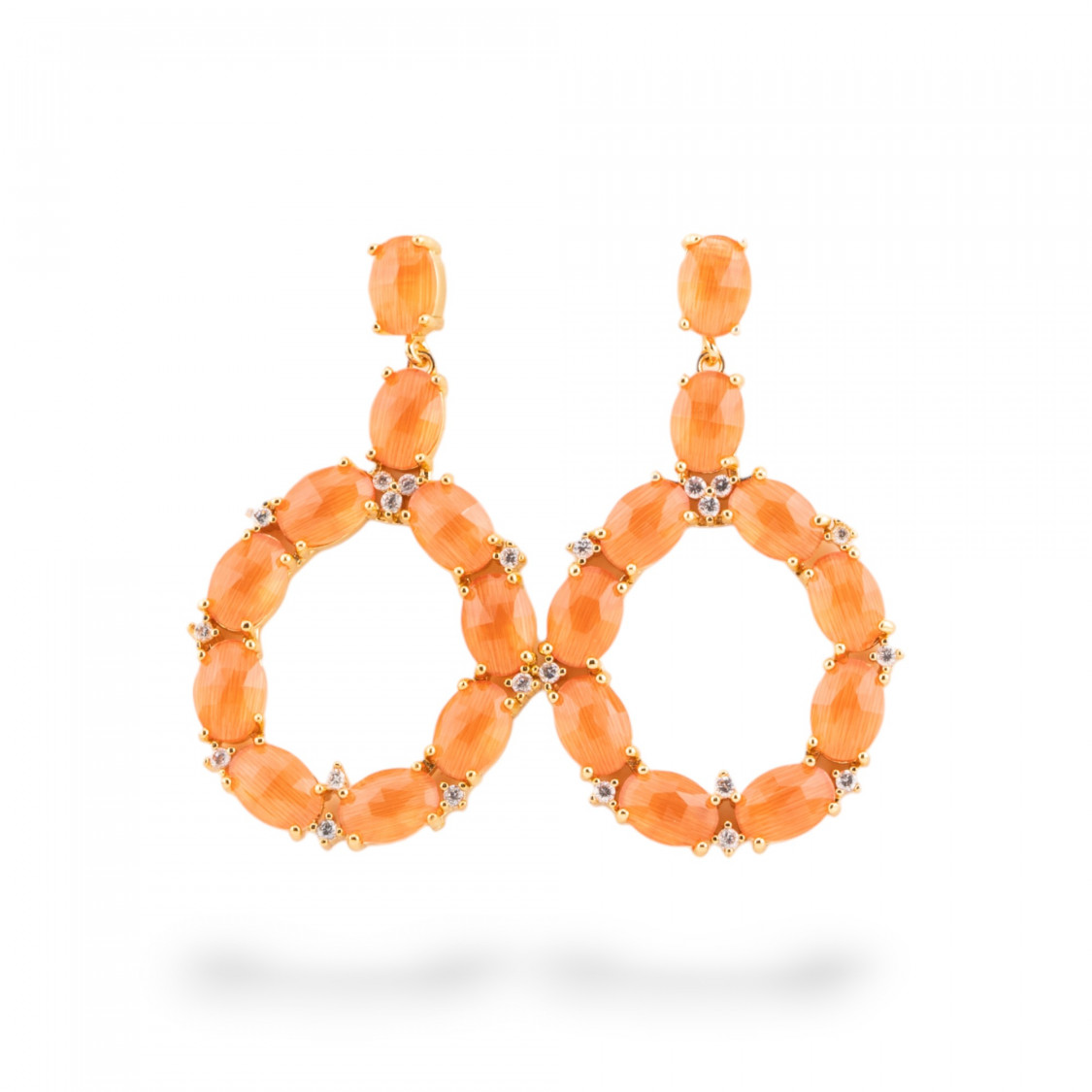 Orecchini Di Bronzo A Perno Con Occhio Di Gatto Incastonato Ovale Con Zirconi 25,5x42mm Dorato Arancio-ORECCHINI MADE WITH STYLE | Worldofjewel.com