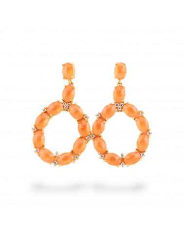 Orecchini Di Bronzo A Perno Con Occhio Di Gatto Incastonato Ovale Con Zirconi 25,5x42mm Dorato Arancio-ORECCHINI MADE WITH STYLE | Worldofjewel.com