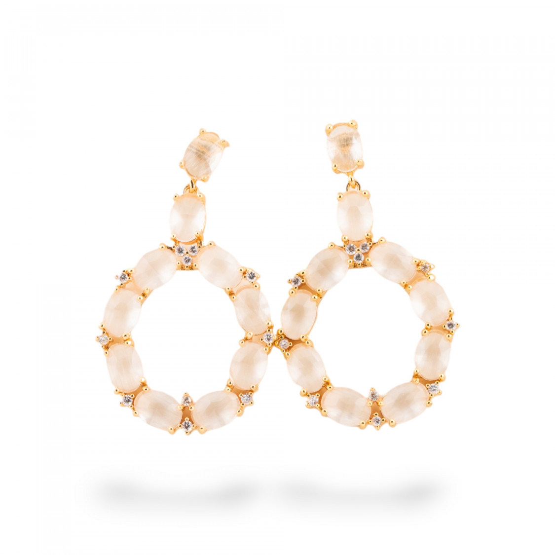 Orecchini Di Bronzo A Perno Con Occhio Di Gatto Incastonato Ovale Con Zirconi 25,5x42mm Dorato Bianco-ORECCHINI MADE WITH STYLE | Worldofjewel.com