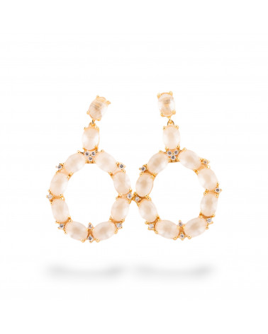 Orecchini Di Bronzo A Perno Con Occhio Di Gatto Incastonato Ovale Con Zirconi 25,5x42mm Dorato Bianco-ORECCHINI MADE WITH STYLE | Worldofjewel.com