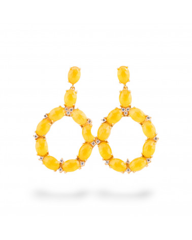 Orecchini Di Bronzo A Perno Con Occhio Di Gatto Incastonato Ovale Con Zirconi 25,5x42mm Dorato Giallo-ORECCHINI MADE WITH STYLE | Worldofjewel.com