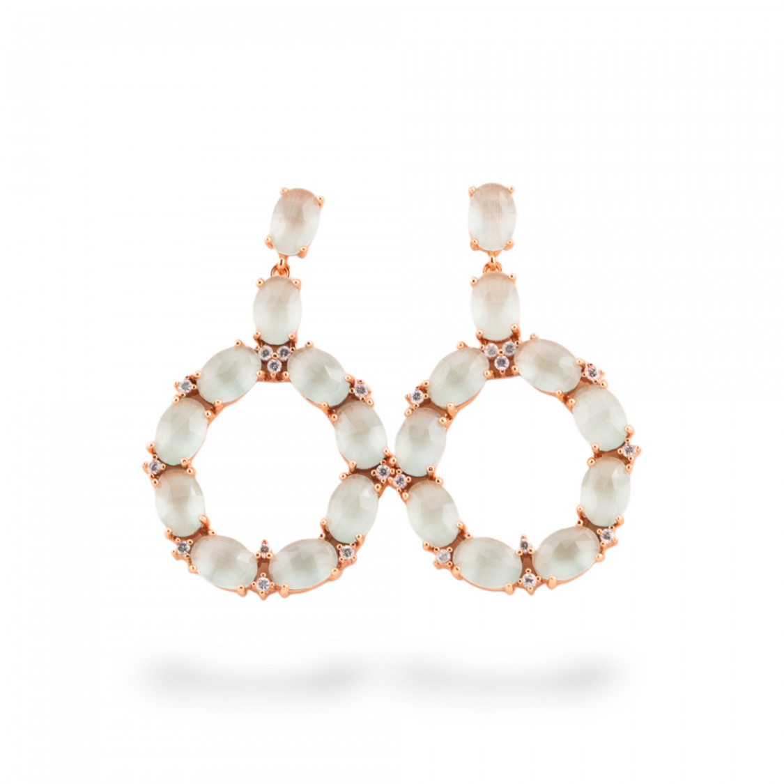 Orecchini Di Bronzo A Perno Con Occhio Di Gatto Incastonato Ovale Con Zirconi 25,5x42mm Dorato Grigio-ORECCHINI MADE WITH STYLE | Worldofjewel.com