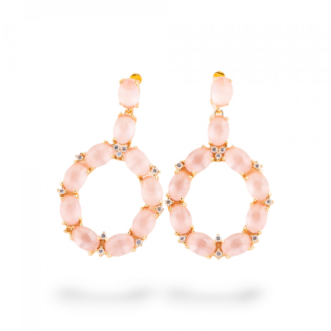 Orecchini Di Bronzo A Perno Con Occhio Di Gatto Incastonato Ovale Con Zirconi 25,5x42mm Dorato Rosa-ORECCHINI MADE WITH STYLE | Worldofjewel.com