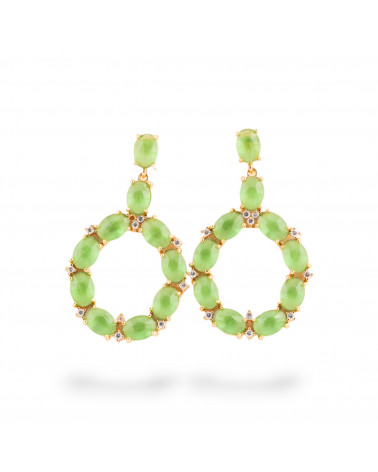 Orecchini Di Bronzo A Perno Con Occhio Di Gatto Incastonato Ovale Con Zirconi 25,5x42mm Dorato Verde Chiaro-ORECCHINI MADE WITH STYLE | Worldofjewel.com