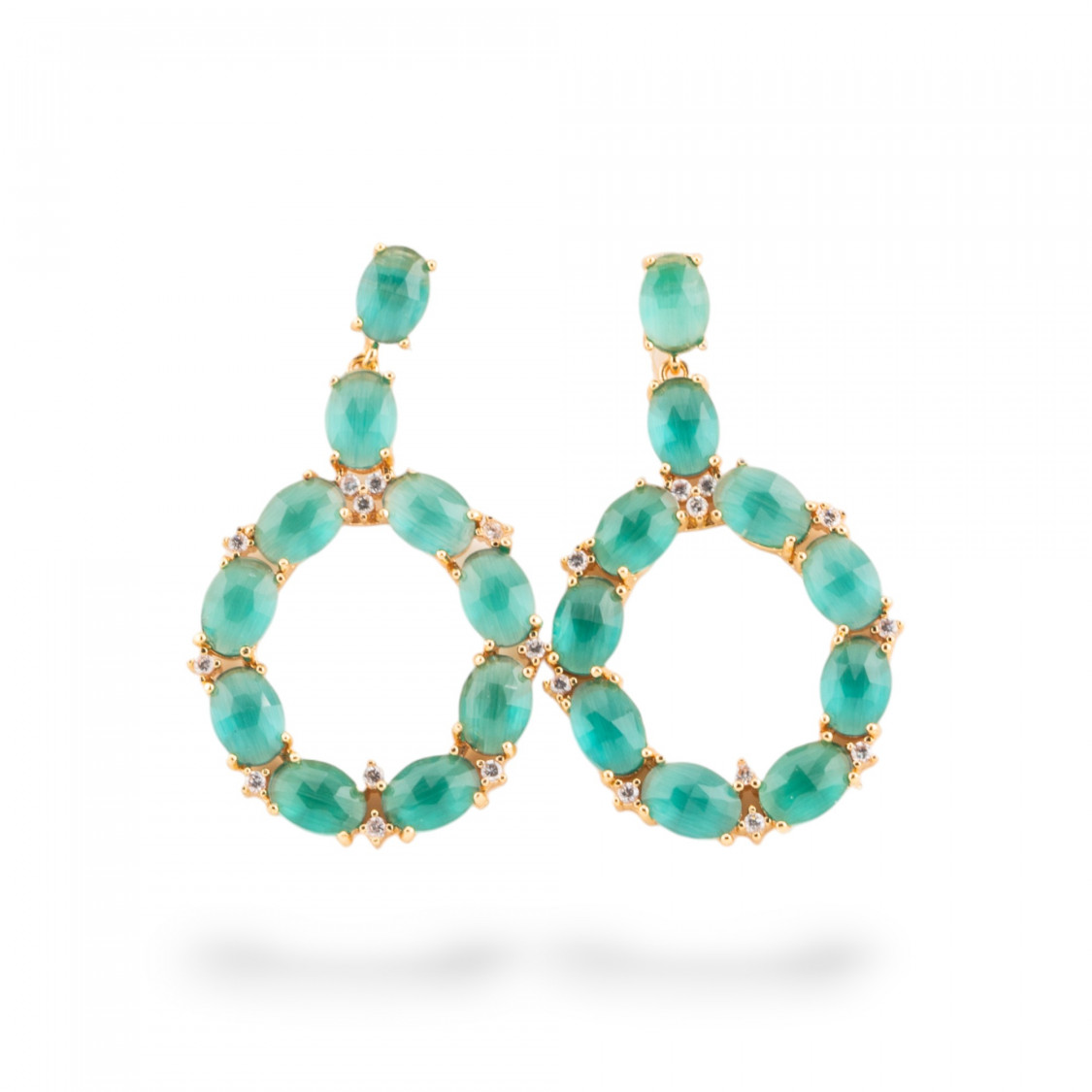 Orecchini Di Bronzo A Perno Con Occhio Di Gatto Incastonato Ovale Con Zirconi 25,5x42mm Dorato Verde Smeraldo-ORECCHINI MADE WITH STYLE | Worldofjewel.com