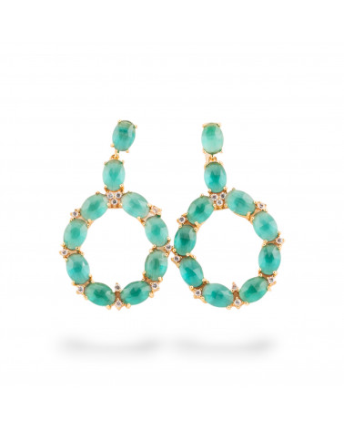 Orecchini Di Bronzo A Perno Con Occhio Di Gatto Incastonato Ovale Con Zirconi 25,5x42mm Dorato Verde Smeraldo-ORECCHINI MADE WITH STYLE | Worldofjewel.com