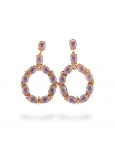 Orecchini Di Bronzo A Perno Con Occhio Di Gatto Incastonato Ovale Con Zirconi 25,5x42mm Dorato Viola-ORECCHINI MADE WITH STYLE | Worldofjewel.com