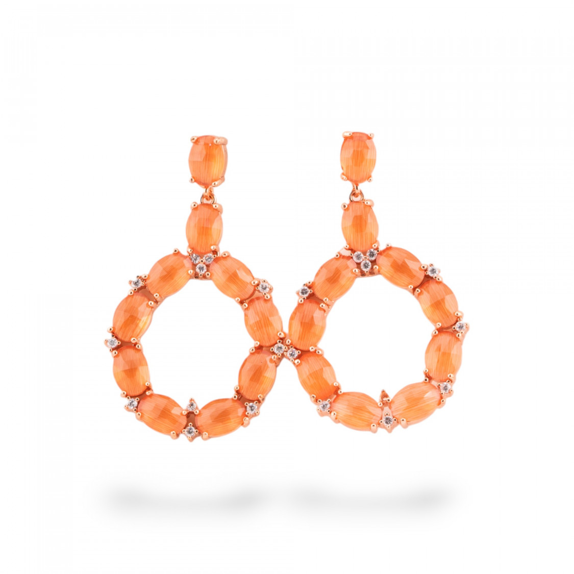 Orecchini Di Bronzo A Perno Con Occhio Di Gatto Incastonato Ovale Con Zirconi 25,5x42mm Oro Rosa Arancio-ORECCHINI MADE WITH STYLE | Worldofjewel.com