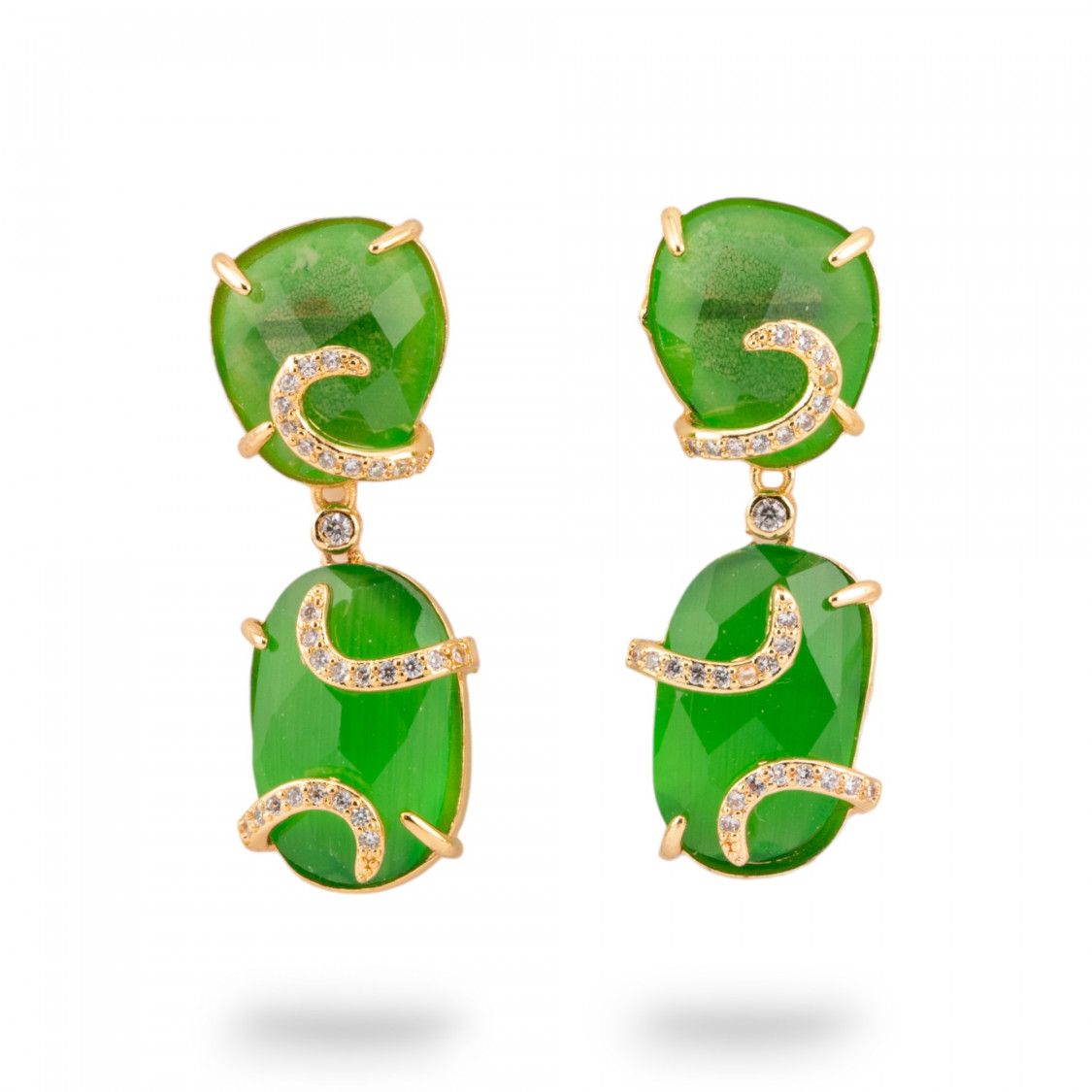 Orecchini A Monachella Di Bronzo Con Occhio Di Gatto 14x40mm Con Zirconi 1 Paio Dorato Verde Smeraldo-ORECCHINI MADE WITH STYLE | Worldofjewel.com