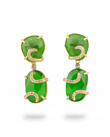 Orecchini A Monachella Di Bronzo Con Occhio Di Gatto 14x40mm Con Zirconi 1 Paio Dorato Verde Smeraldo-ORECCHINI MADE WITH STYLE | Worldofjewel.com