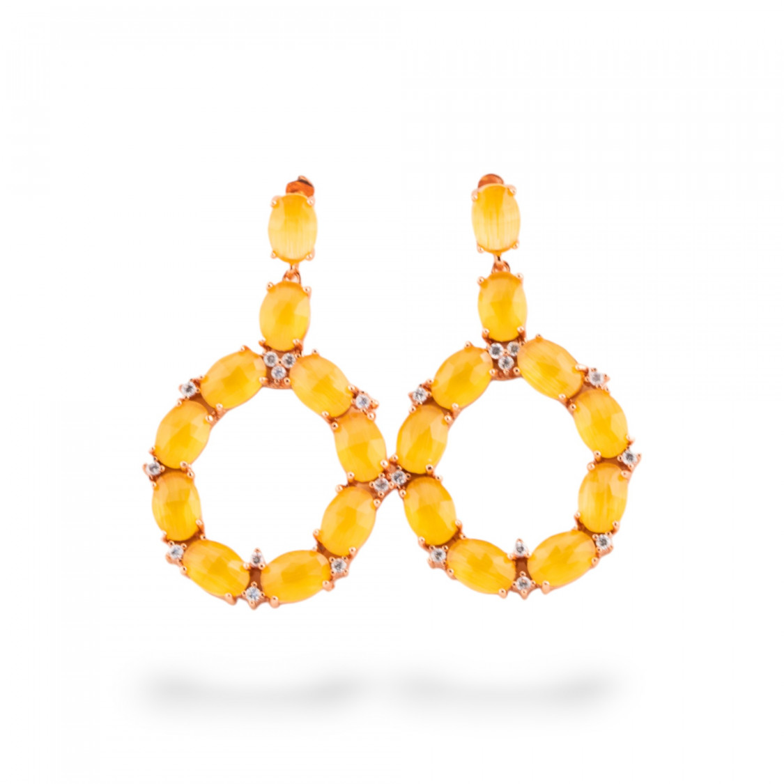 Orecchini Di Bronzo A Perno Con Occhio Di Gatto Incastonato Ovale Con Zirconi 25,5x42mm Oro Rosa Giallo-ORECCHINI MADE WITH STYLE | Worldofjewel.com