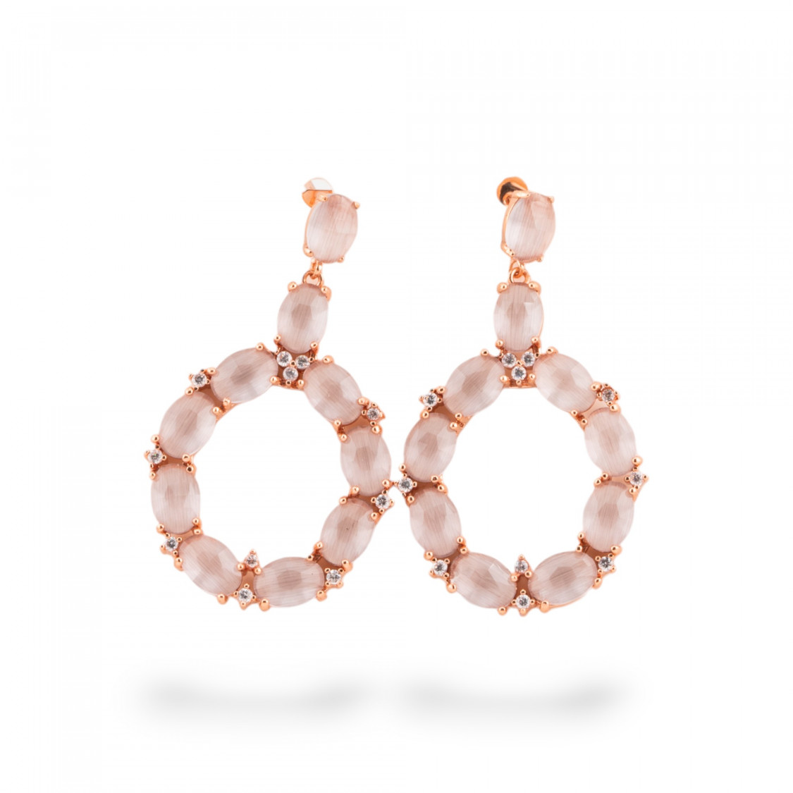 Orecchini Di Bronzo A Perno Con Occhio Di Gatto Incastonato Ovale Con Zirconi 25,5x42mm Oro Rosa Grigio-ORECCHINI MADE WITH STYLE | Worldofjewel.com