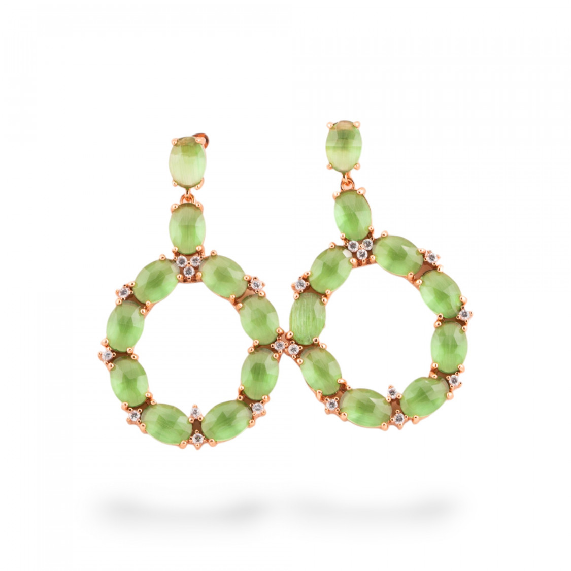 Orecchini Di Bronzo A Perno Con Occhio Di Gatto Incastonato Ovale Con Zirconi 25,5x42mm Oro Rosa Verde Chiaro-ORECCHINI MADE WITH STYLE | Worldofjewel.com