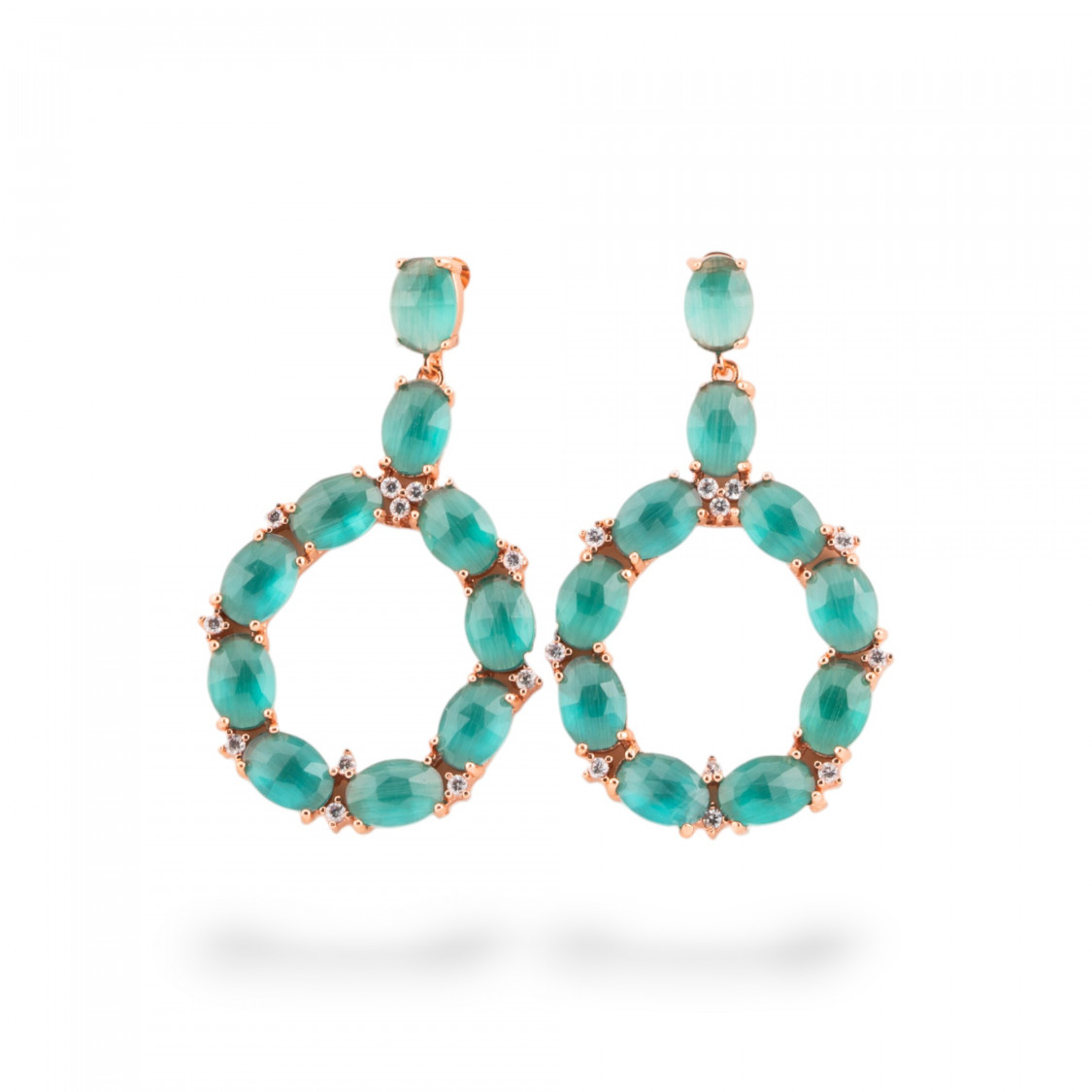 Orecchini Di Bronzo A Perno Con Occhio Di Gatto Incastonato Ovale Con Zirconi 25,5x42mm Oro Rosa Verde Smeraldo-ORECCHINI MADE WITH STYLE | Worldofjewel.com