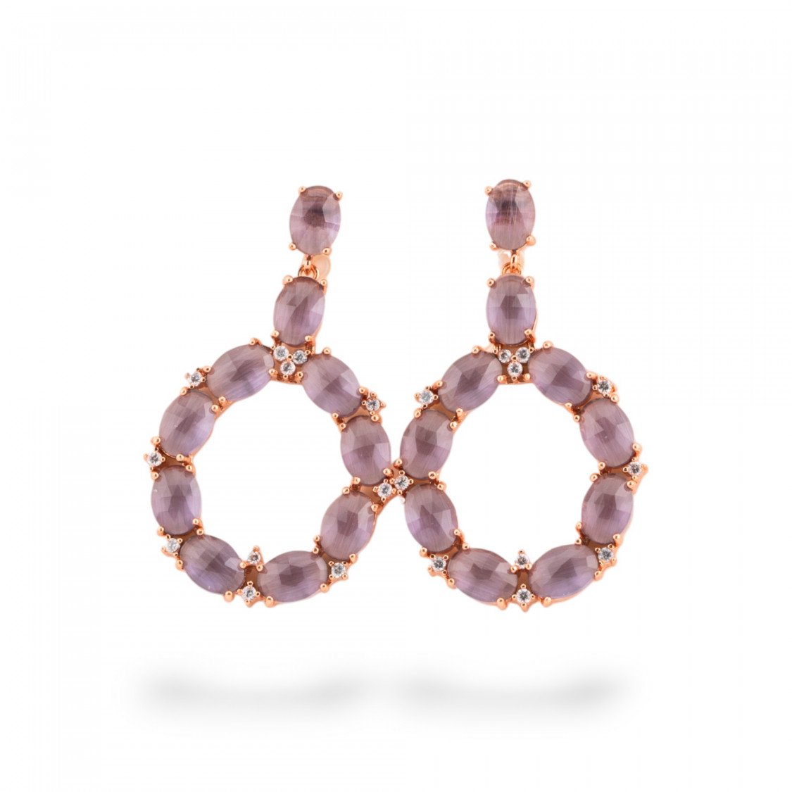 Orecchini Di Bronzo A Perno Con Occhio Di Gatto Incastonato Ovale Con Zirconi 25,5x42mm Oro Rosa Viola-ORECCHINI MADE WITH STYLE | Worldofjewel.com