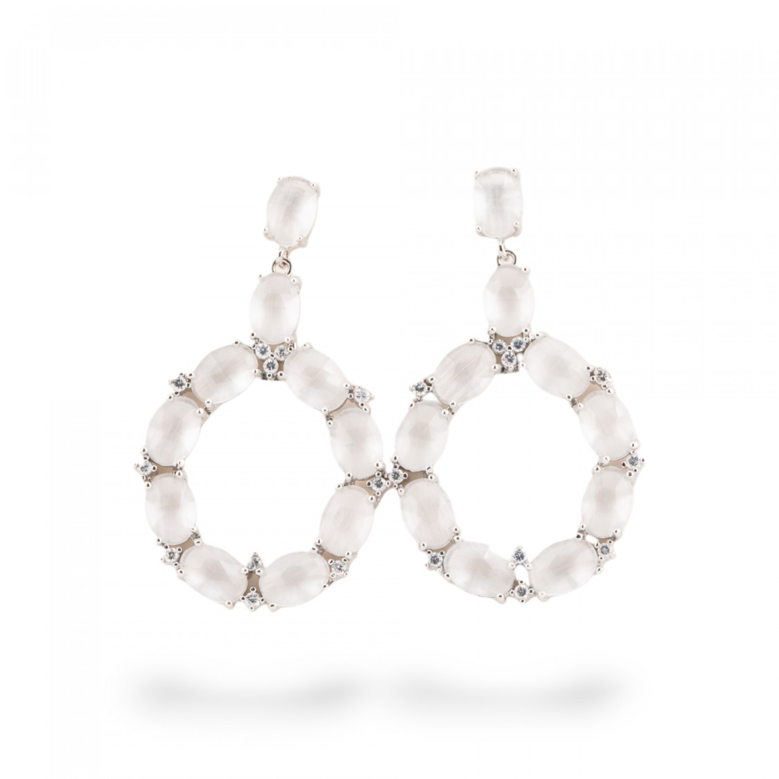 Orecchini Di Bronzo A Perno Con Occhio Di Gatto Incastonato Ovale Con Zirconi 25,5x42mm Rodiato Bianco-ORECCHINI MADE WITH STYLE | Worldofjewel.com