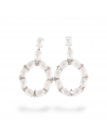 Orecchini Di Bronzo A Perno Con Occhio Di Gatto Incastonato Ovale Con Zirconi 25,5x42mm Rodiato Bianco-ORECCHINI MADE WITH STYLE | Worldofjewel.com