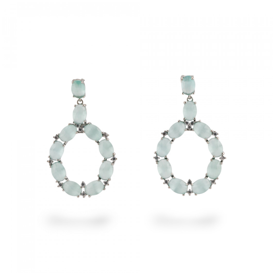 Orecchini Di Bronzo A Perno Con Occhio Di Gatto Incastonato Ovale Con Zirconi 25,5x42mm Rodiato Verde Acqua-ORECCHINI MADE WITH STYLE | Worldofjewel.com