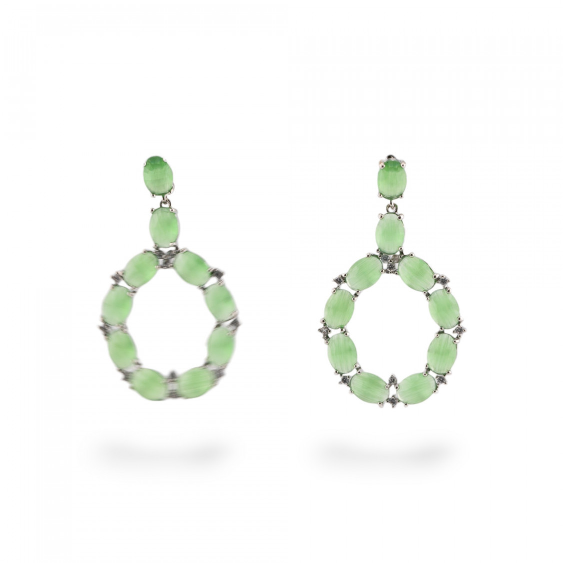 Orecchini Di Bronzo A Perno Con Occhio Di Gatto Incastonato Ovale Con Zirconi 25,5x42mm Rodiato Verde Chiaro-ORECCHINI MADE WITH STYLE | Worldofjewel.com
