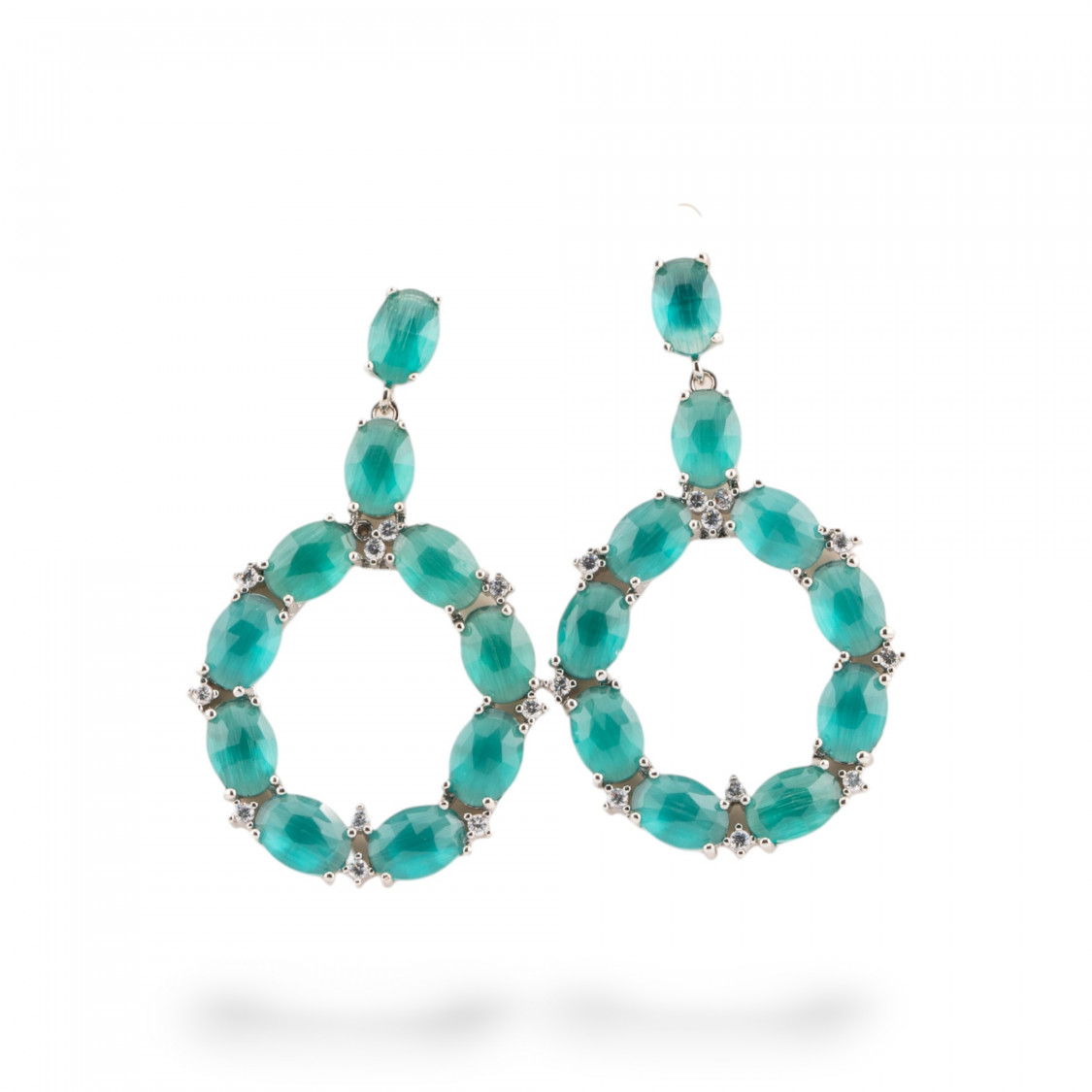 Orecchini Di Bronzo A Perno Con Occhio Di Gatto Incastonato Ovale Con Zirconi 25,5x42mm Rodiato Verde Smeraldo-ORECCHINI MADE WITH STYLE | Worldofjewel.com