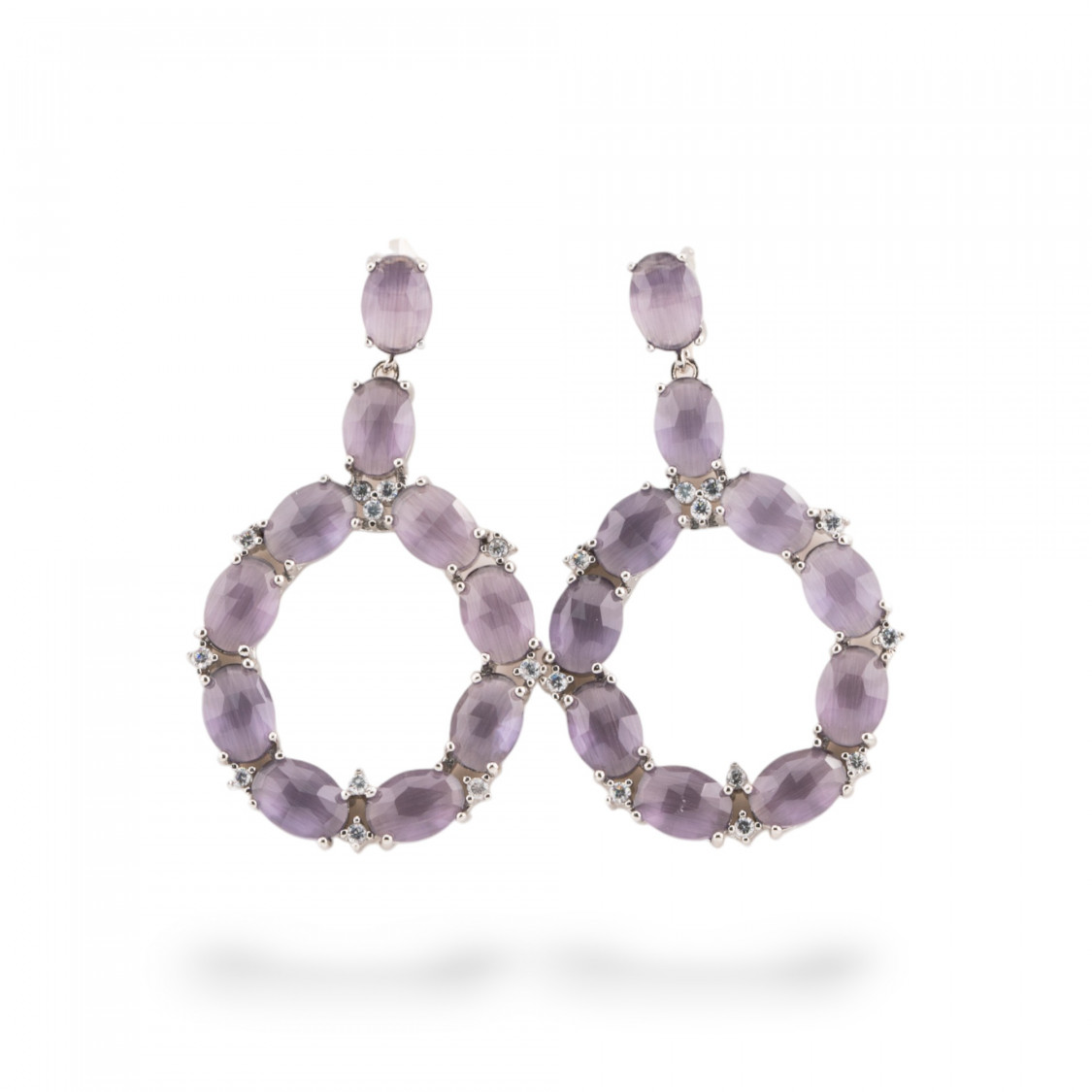 Orecchini Di Bronzo A Perno Con Occhio Di Gatto Incastonato Ovale Con Zirconi 25,5x42mm Rodiato Viola-ORECCHINI MADE WITH STYLE | Worldofjewel.com