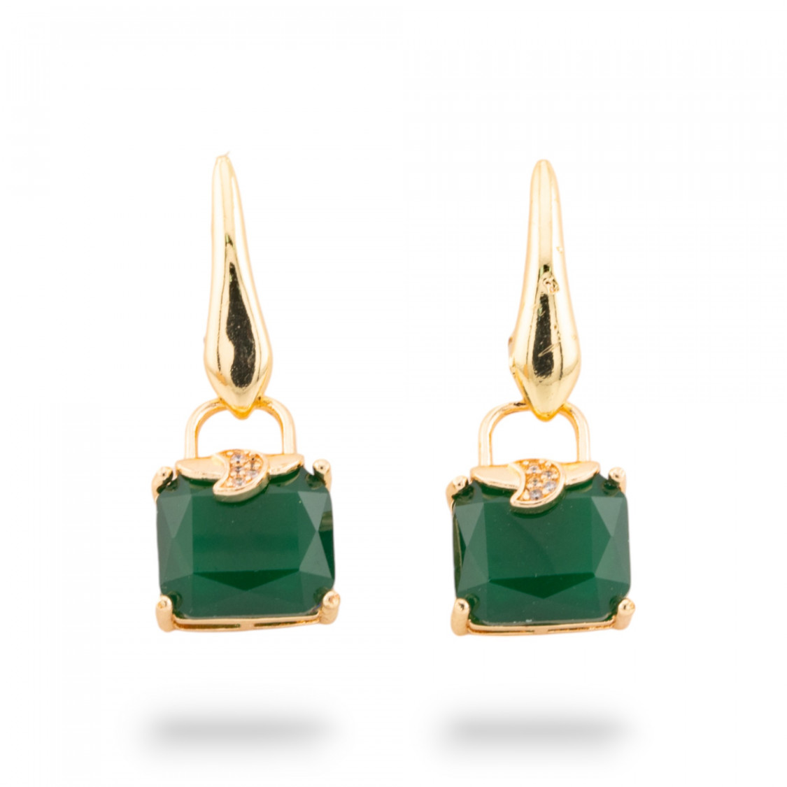 Orecchini Perno Di Bronzo Con Occhio Di Gatto Con Zirconi 14x37mm Dorato Verde Smeraldo-ORECCHINI HOT PICKS | Worldofjewel.com