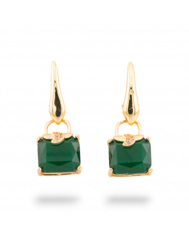 Orecchini Perno Di Bronzo Con Occhio Di Gatto Con Zirconi 14x37mm Dorato Verde Smeraldo-ORECCHINI HOT PICKS | Worldofjewel.com