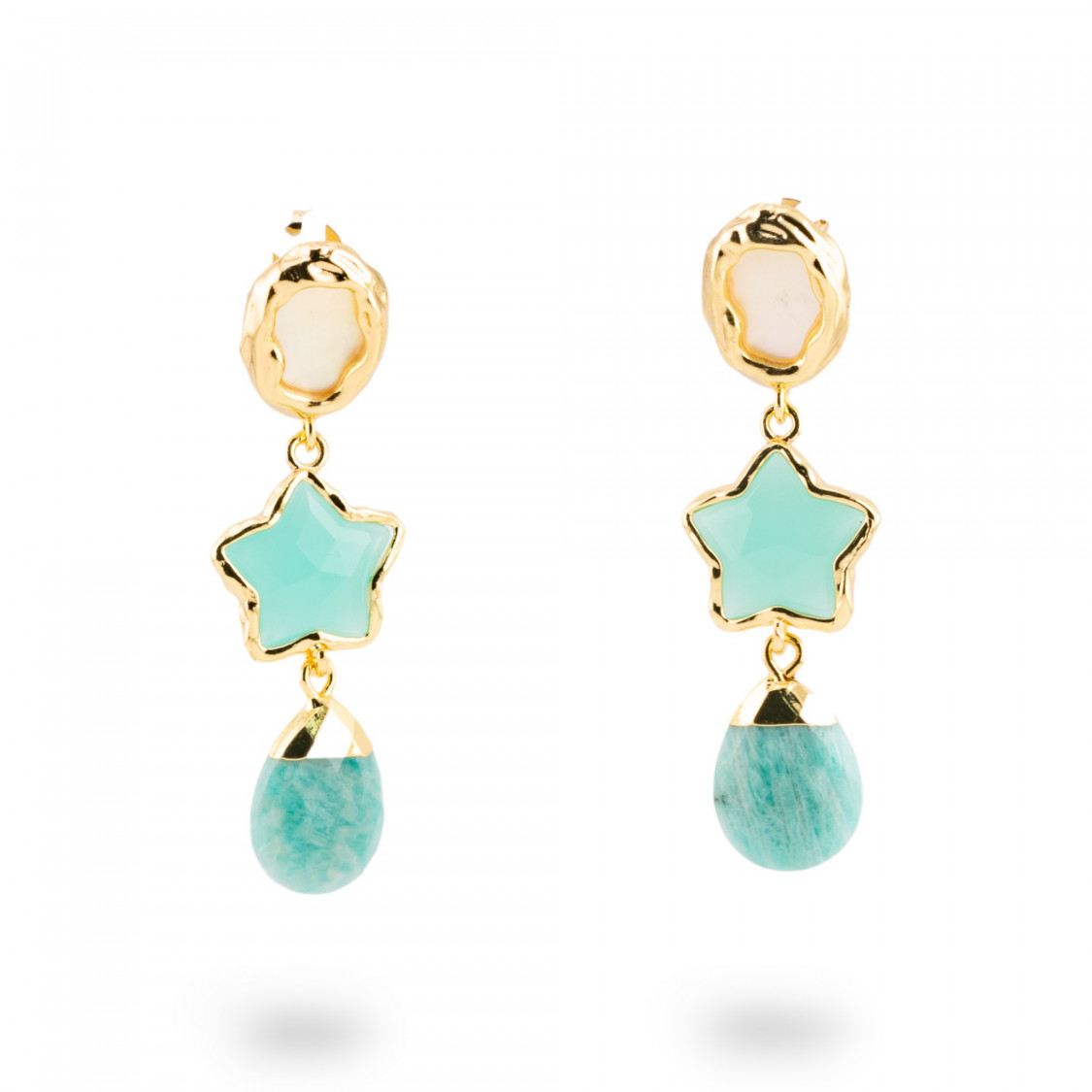 Orecchini A Monachella Di Bronzo Con Cabochon Di Cristalli CZ Dorato a Stella Azzurro-CRYSTAL BRONZE | Worldofjewel.com