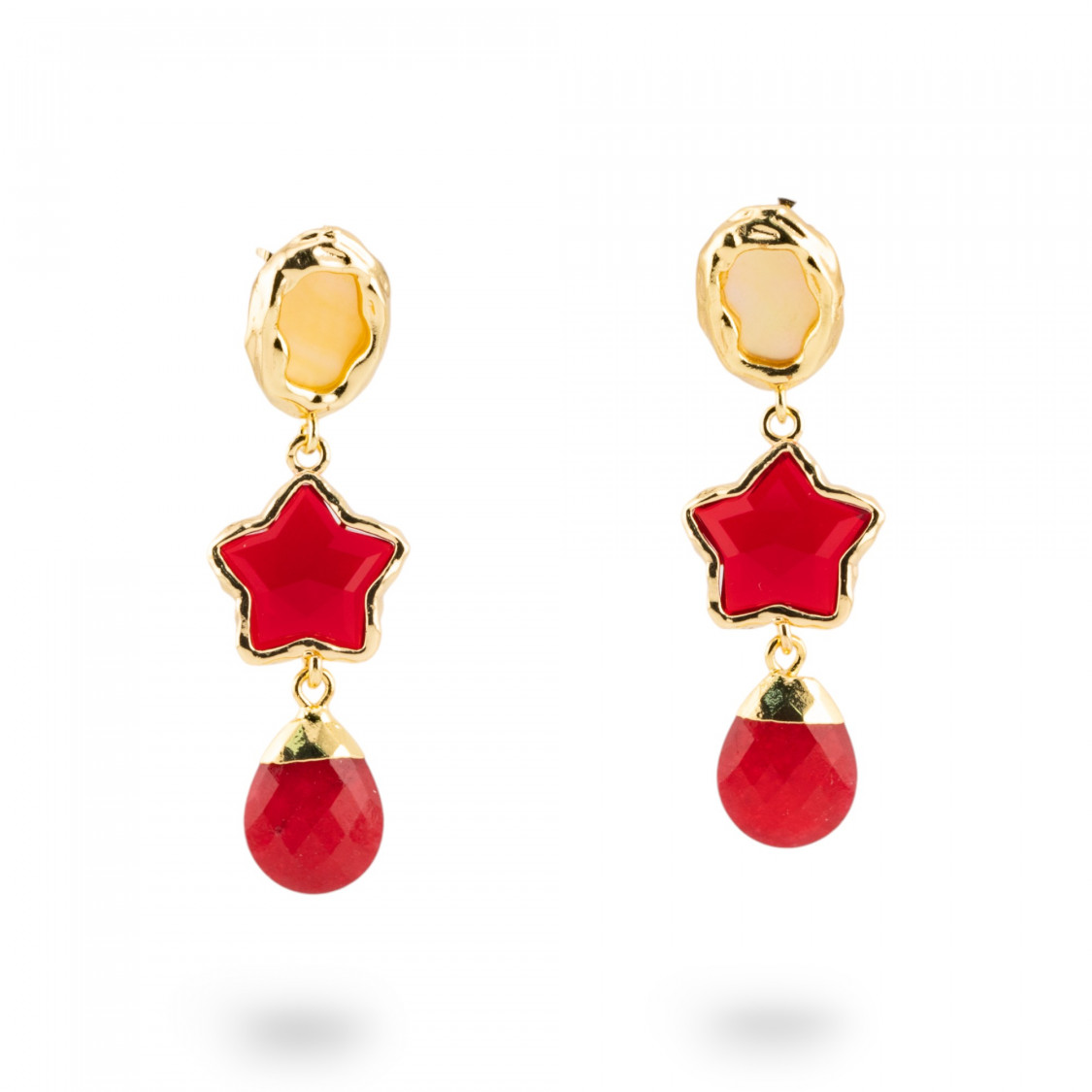 Orecchini A Monachella Di Bronzo Con Cabochon Di Cristalli CZ Dorato a Stella Rosso-BRONZO CRYSTAL | Worldofjewel.com