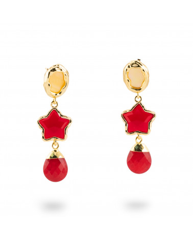 Orecchini A Monachella Di Bronzo Con Cabochon Di Cristalli CZ Dorato a Stella Rosso-BRONZO CRYSTAL | Worldofjewel.com