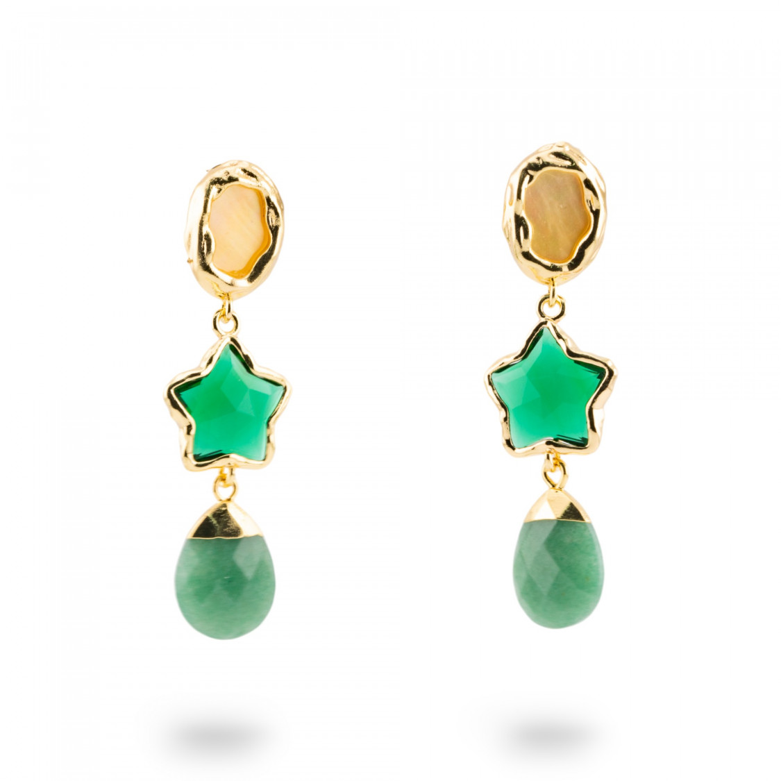 Orecchini A Monachella Di Bronzo Con Cabochon Di Cristalli CZ Dorato a Stella Verde-CRYSTAL BRONZE | Worldofjewel.com