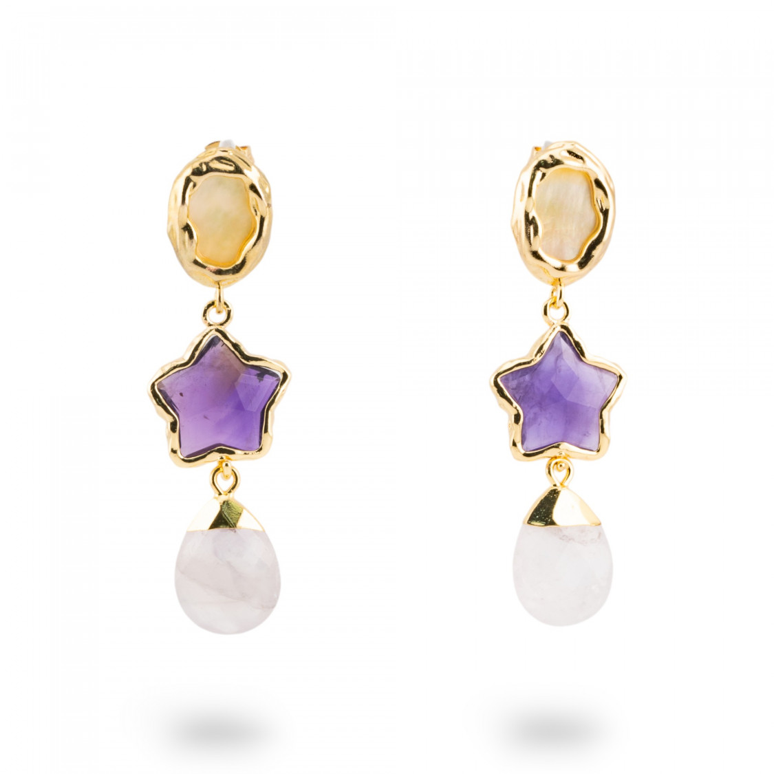 Orecchini A Monachella Di Bronzo Con Cabochon Di Cristalli CZ Dorato a Stella Viola-BRONZO CRYSTAL | Worldofjewel.com