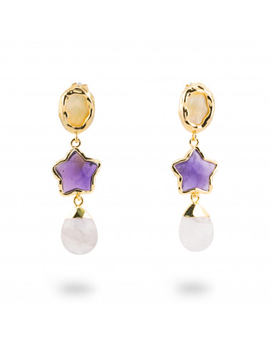 Orecchini A Monachella Di Bronzo Con Cabochon Di Cristalli CZ Dorato a Stella Viola-BRONZO CRYSTAL | Worldofjewel.com