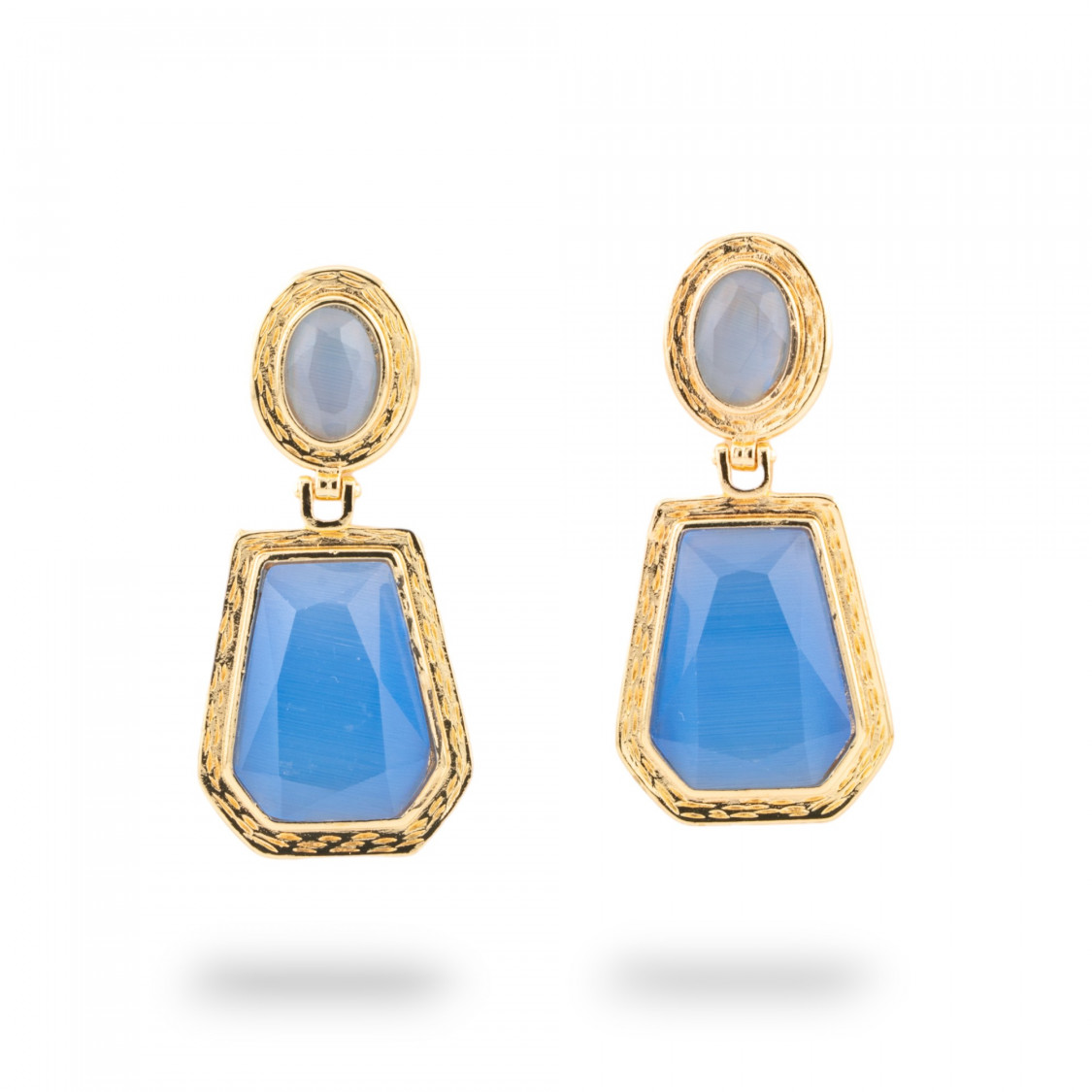 Orecchini A Monachella Di Bronzo Con Cabochon Di Cristalli CZ Dorato Azzurro-ORECCHINI MADE WITH STYLE | Worldofjewel.com