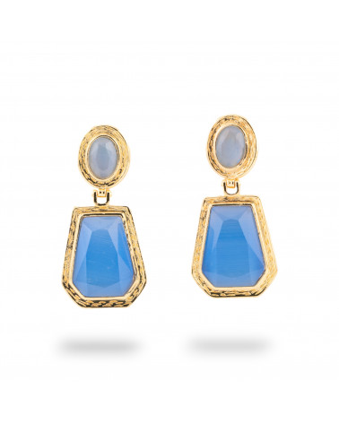 Orecchini A Monachella Di Bronzo Con Cabochon Di Cristalli CZ Dorato Azzurro-ORECCHINI MADE WITH STYLE | Worldofjewel.com