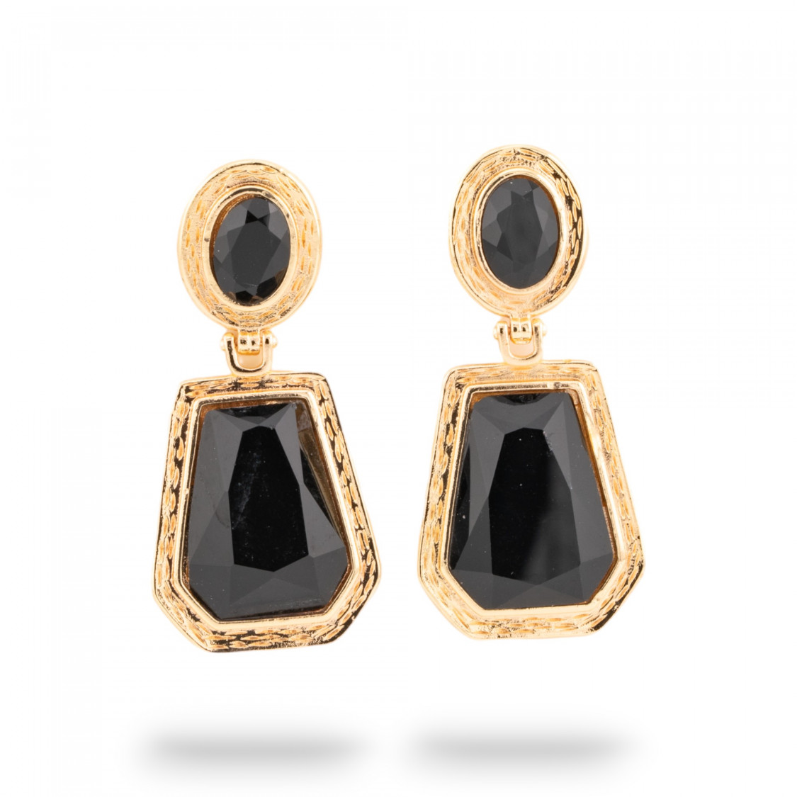 Orecchini A Monachella Di Bronzo Con Cabochon Di Cristalli CZ Dorato Nero-ORECCHINI MADE WITH STYLE | Worldofjewel.com