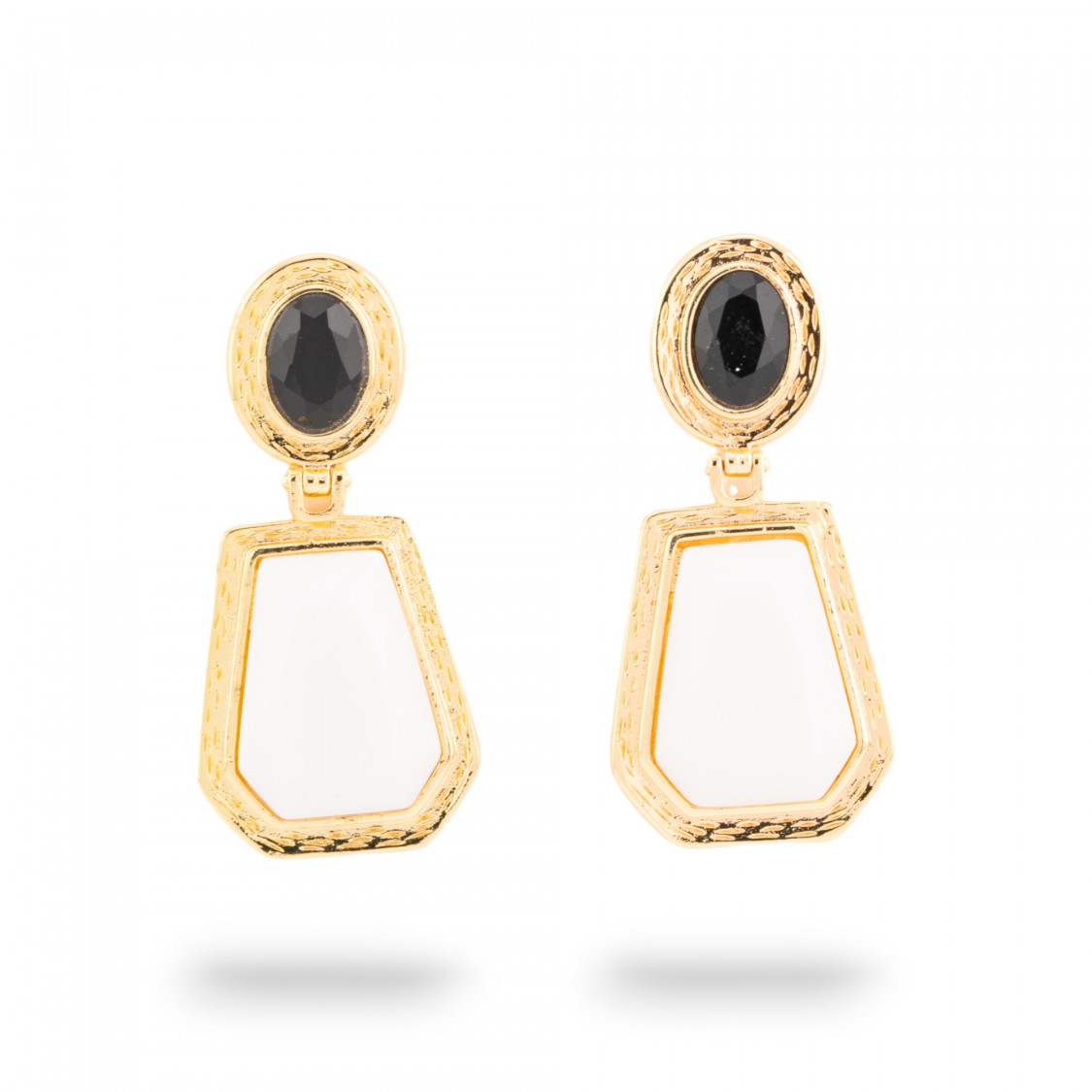 Orecchini A Monachella Di Bronzo Con Cabochon Di Cristalli CZ Dorato Nero e Bianco-ORECCHINI MADE WITH STYLE | Worldofjewel.com