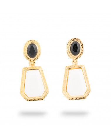 Orecchini A Monachella Di Bronzo Con Cabochon Di Cristalli CZ Dorato Nero e Bianco-ORECCHINI MADE WITH STYLE | Worldofjewel.com