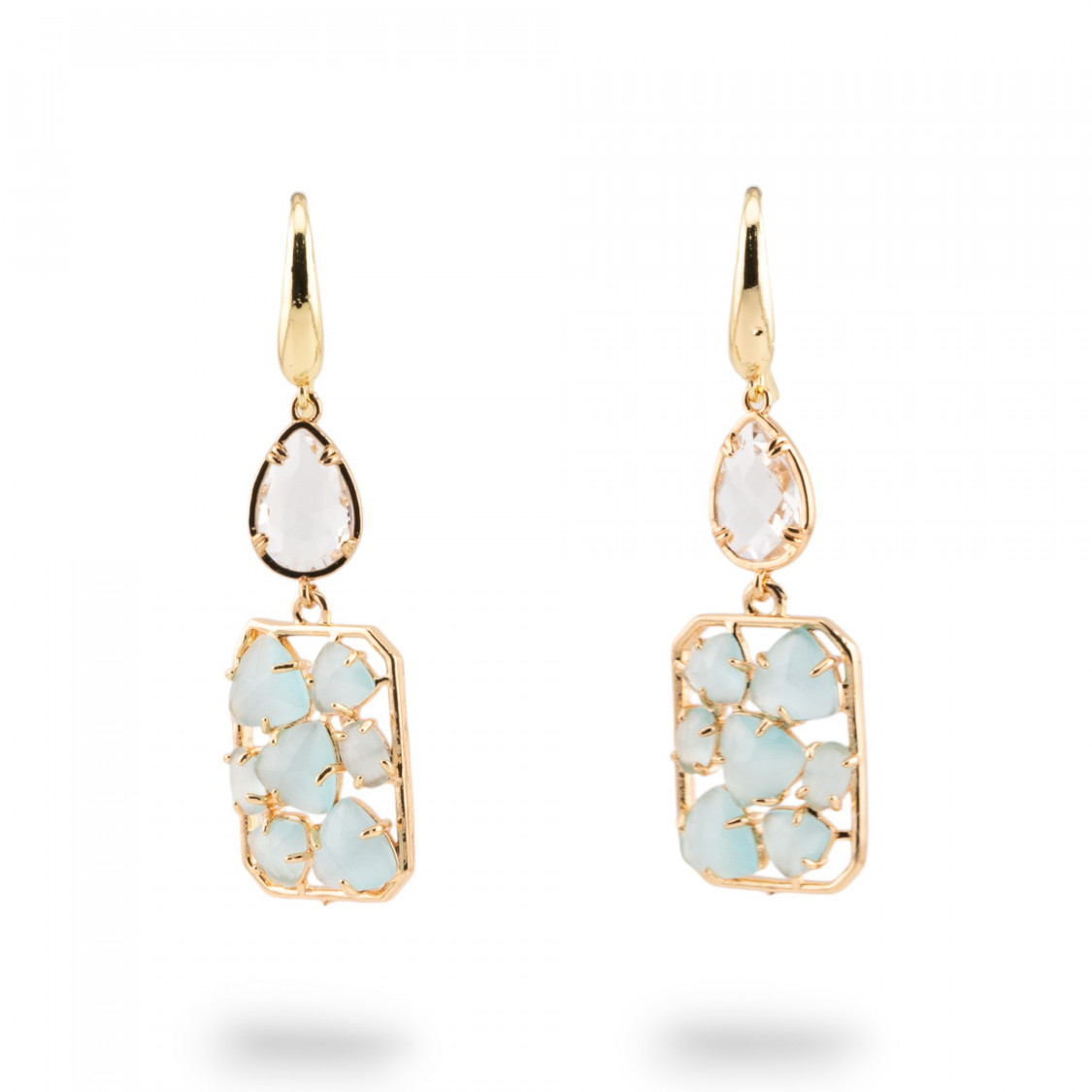 Orecchini A Monachella Di Bronzo Con Occhio Di Gatto E Cristalli CZ Bianco e Azzurro-CRYSTAL BRONZE | Worldofjewel.com
